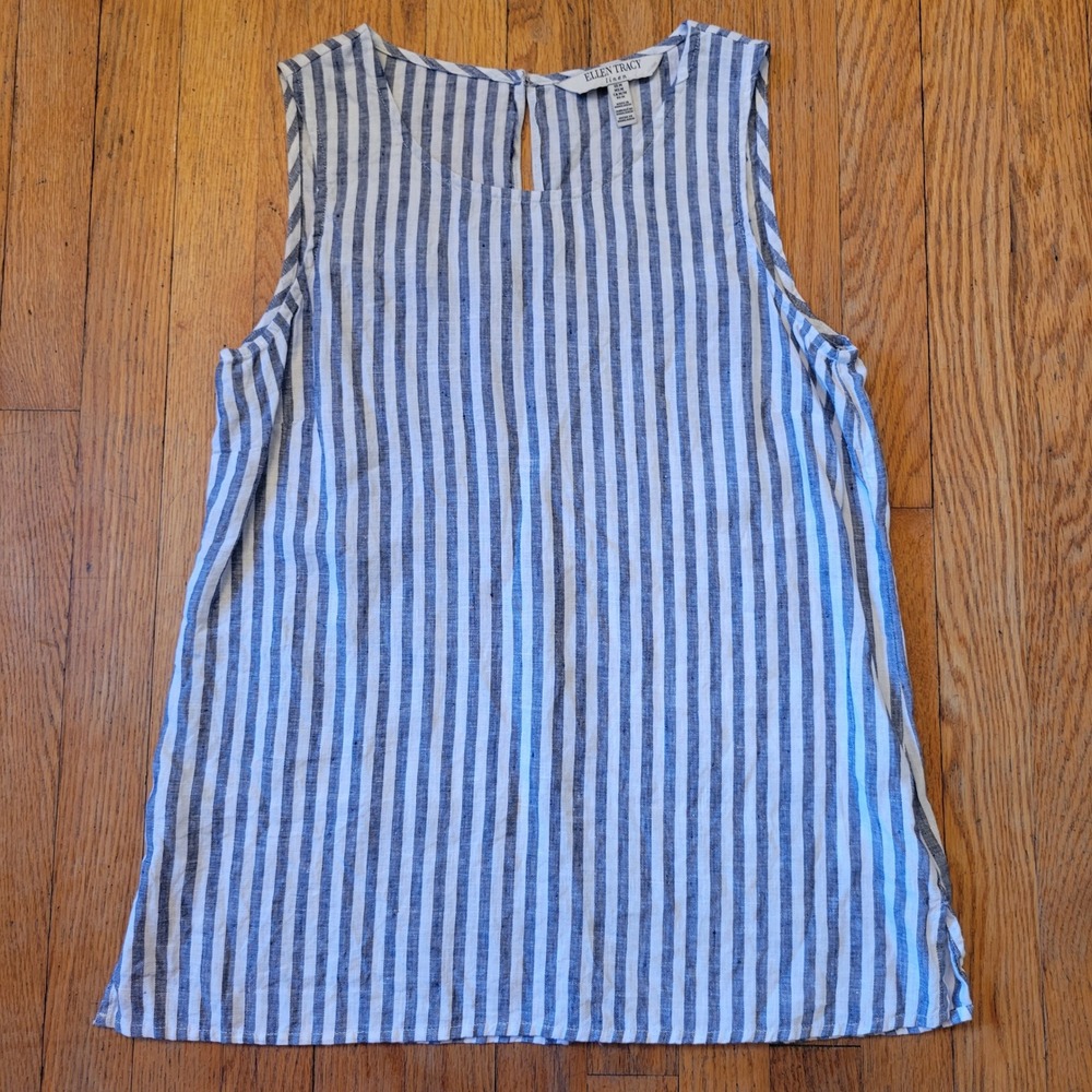 Ellen Tracy M Tank Top Blue White Striped Linen Keyhole Back Summer Lagenlook